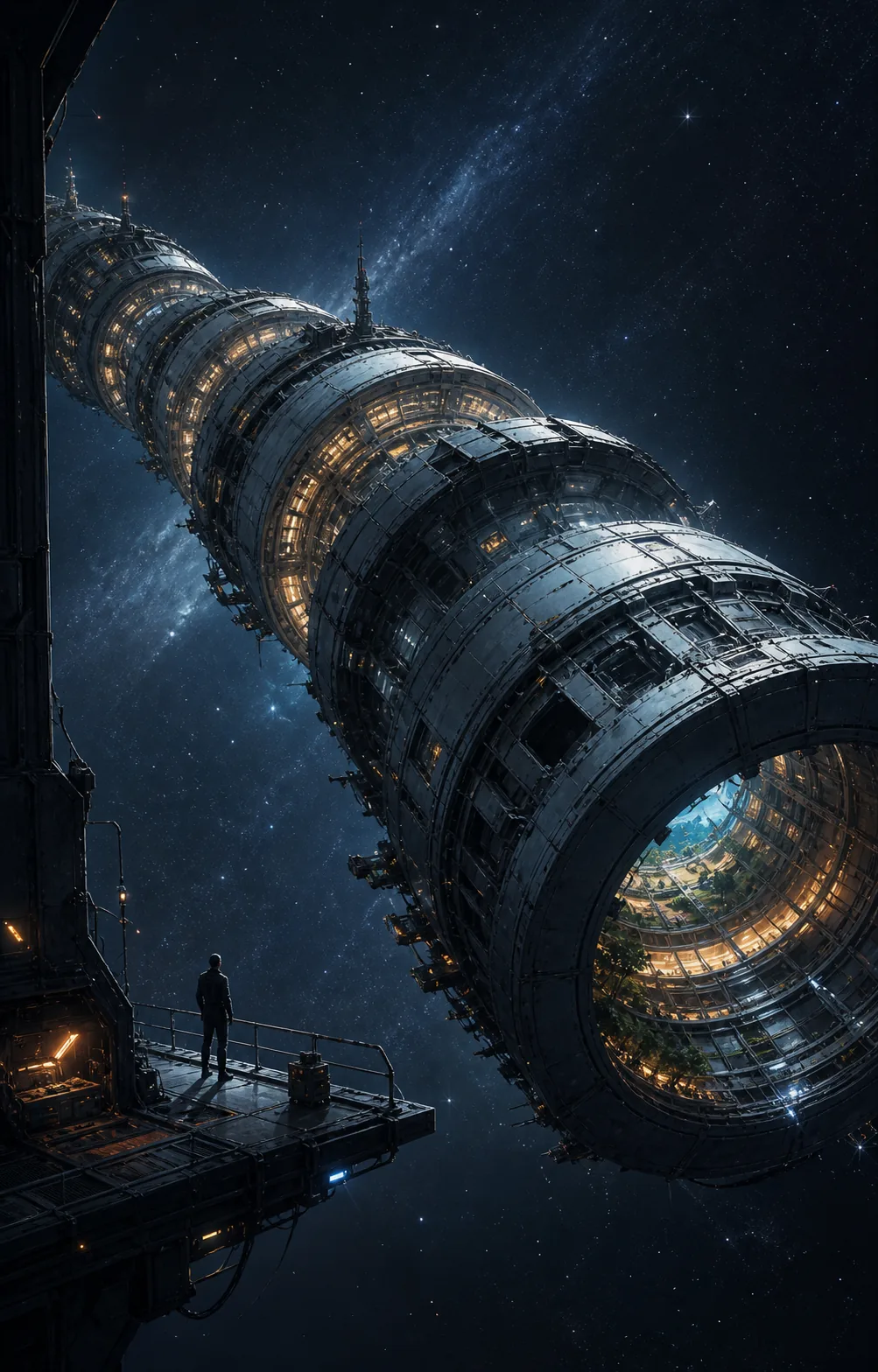 A modular ringed colony ship glows against deep space as a lone figure watches from a maintenance platform.