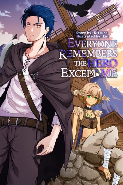 Anime-style cover showing a blue-haired man in a dark cloak before a windmill, with a small winged blonde woman seated on rocks behind him under a violet-and-gold sky.