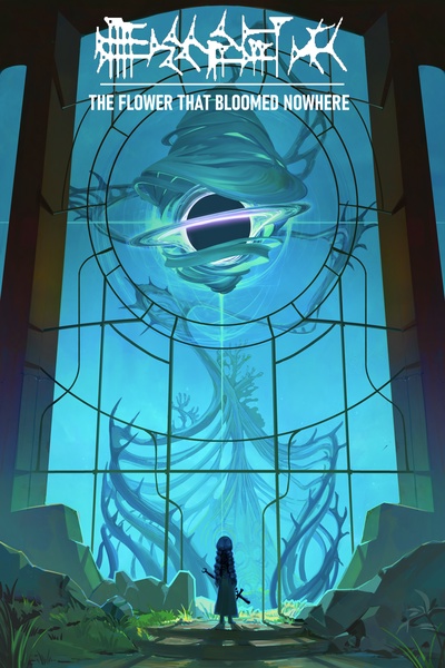 Official cover showing a lone dark-haired figure facing a vast cyan glass chamber containing an immense plantlike form around a violet glow.