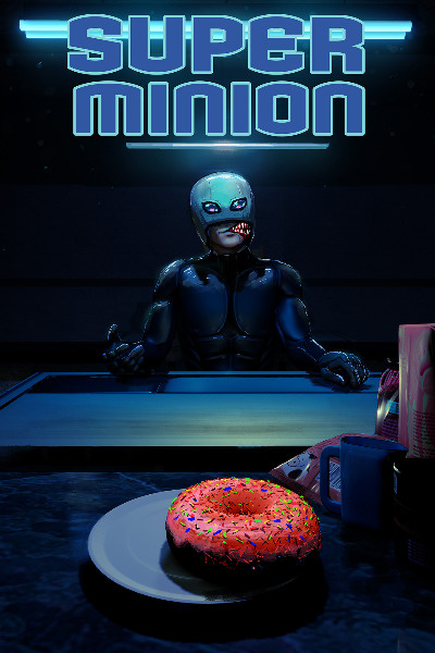 Official cover showing a blue-black masked humanoid with a toothy mouth seated behind a counter, with a sprinkle-covered doughnut in the foreground beneath the cyan title Super Minion.