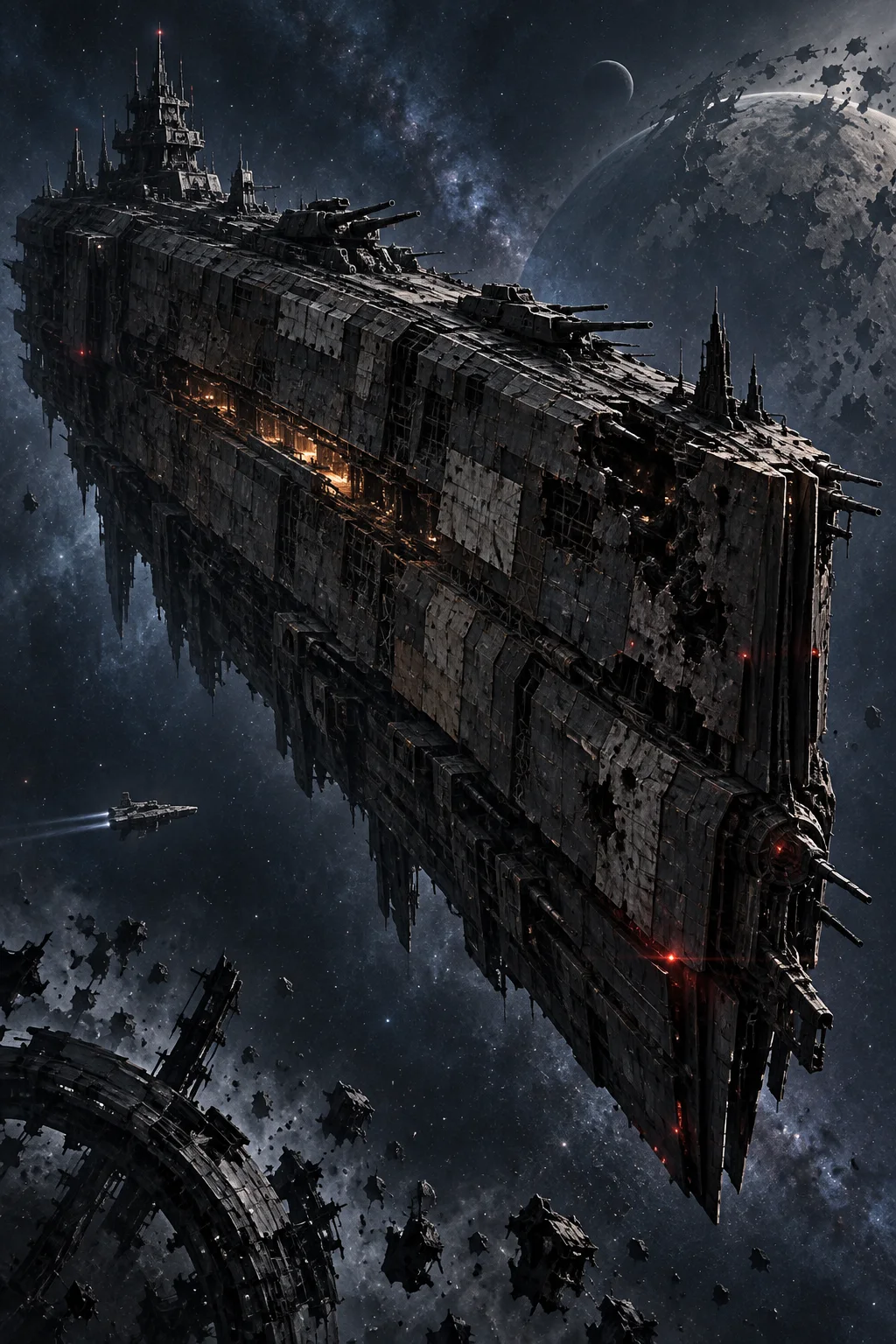 A colossal, battle-scarred gunmetal warship drifts past a shattered moon, its torn hull lit by a thin internal fire while a much smaller vessel approaches.