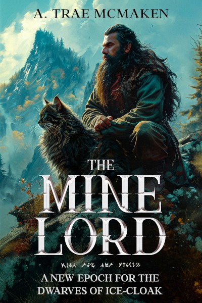 Official cover showing a long-haired bearded dwarf beside a striped wildcat on a mountain ridge beneath the title The Mine Lord.