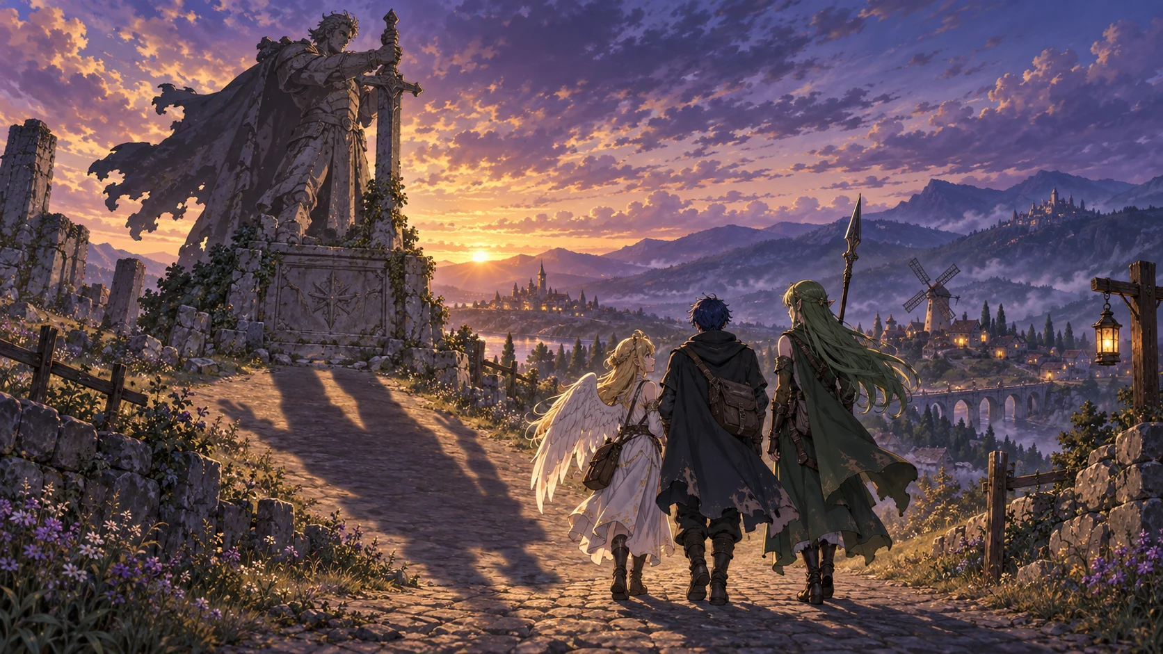 Three fantasy travelers walk toward home at dusk while the broken monument of a legendary hero towers beside their road.