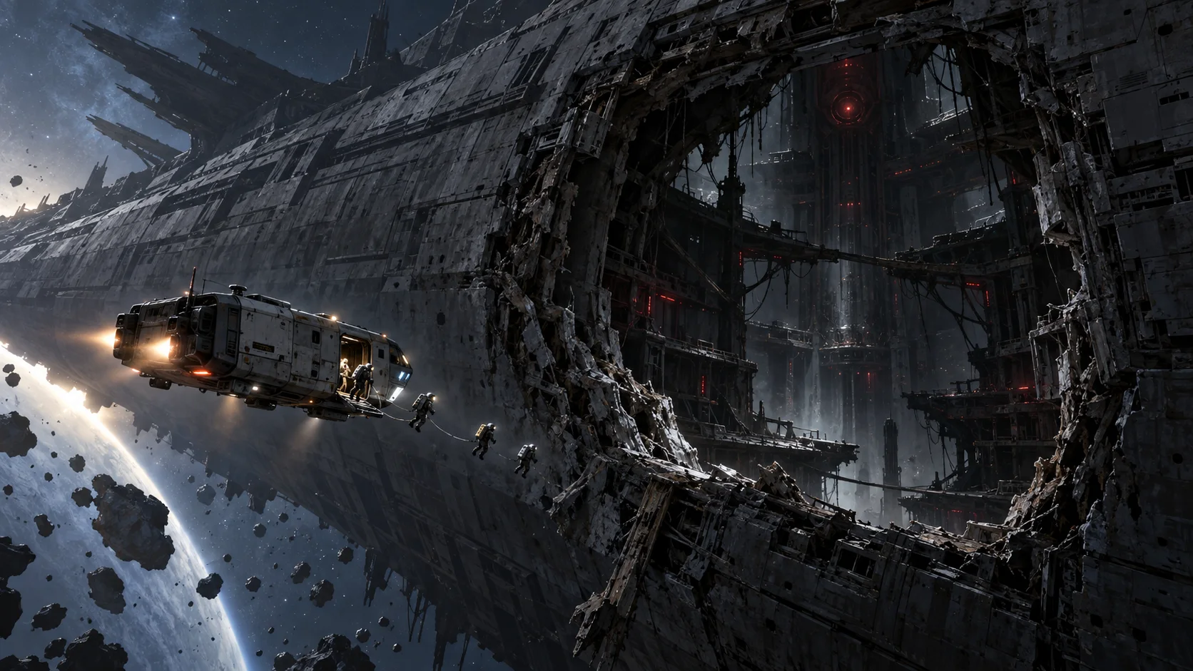A small salvage shuttle releases four suited boarders toward a vast breach in a dark warship, where red lights glow across cathedral-like decks.